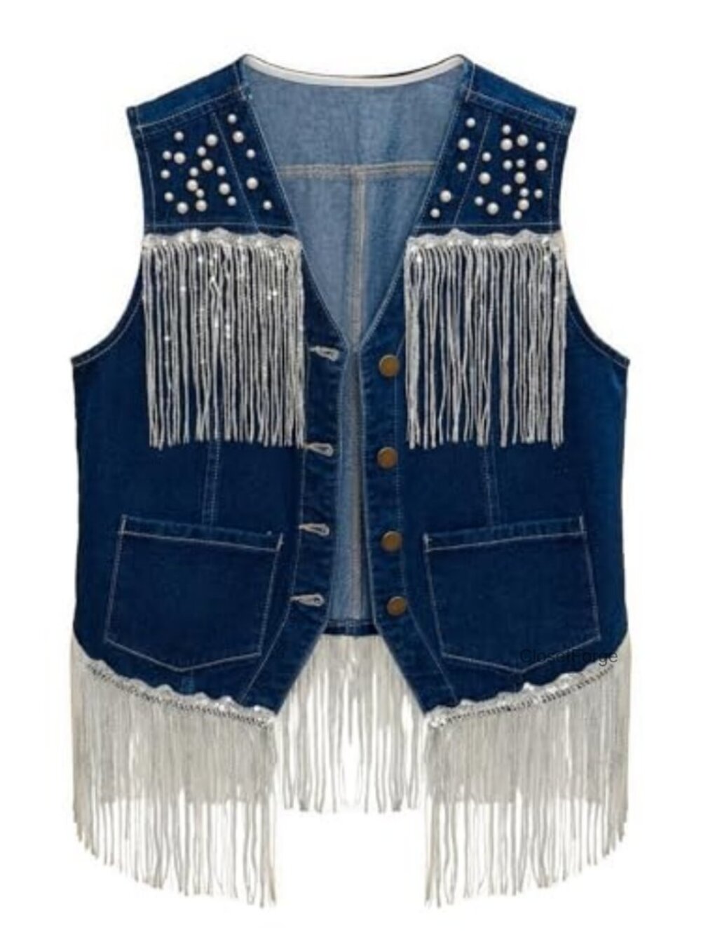 Fringe Denim Vest Cropped Tassel Pearl Button Cowgirl Western Country Concert